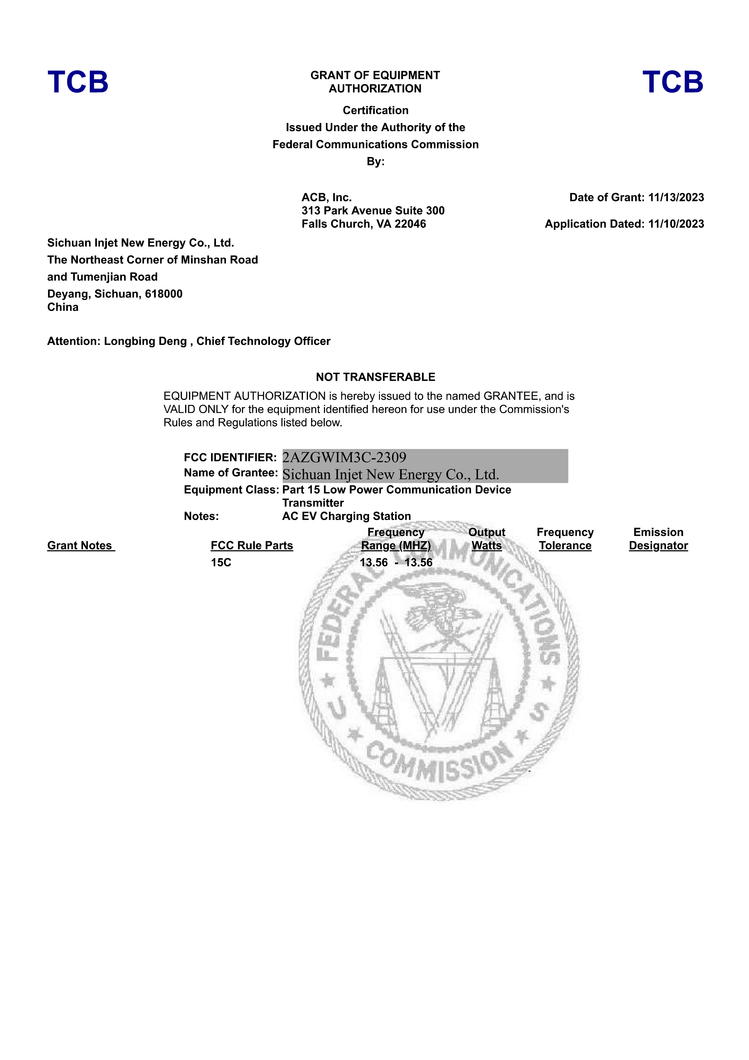 GRANT OF EQUIPMENT AUTHORIZATION